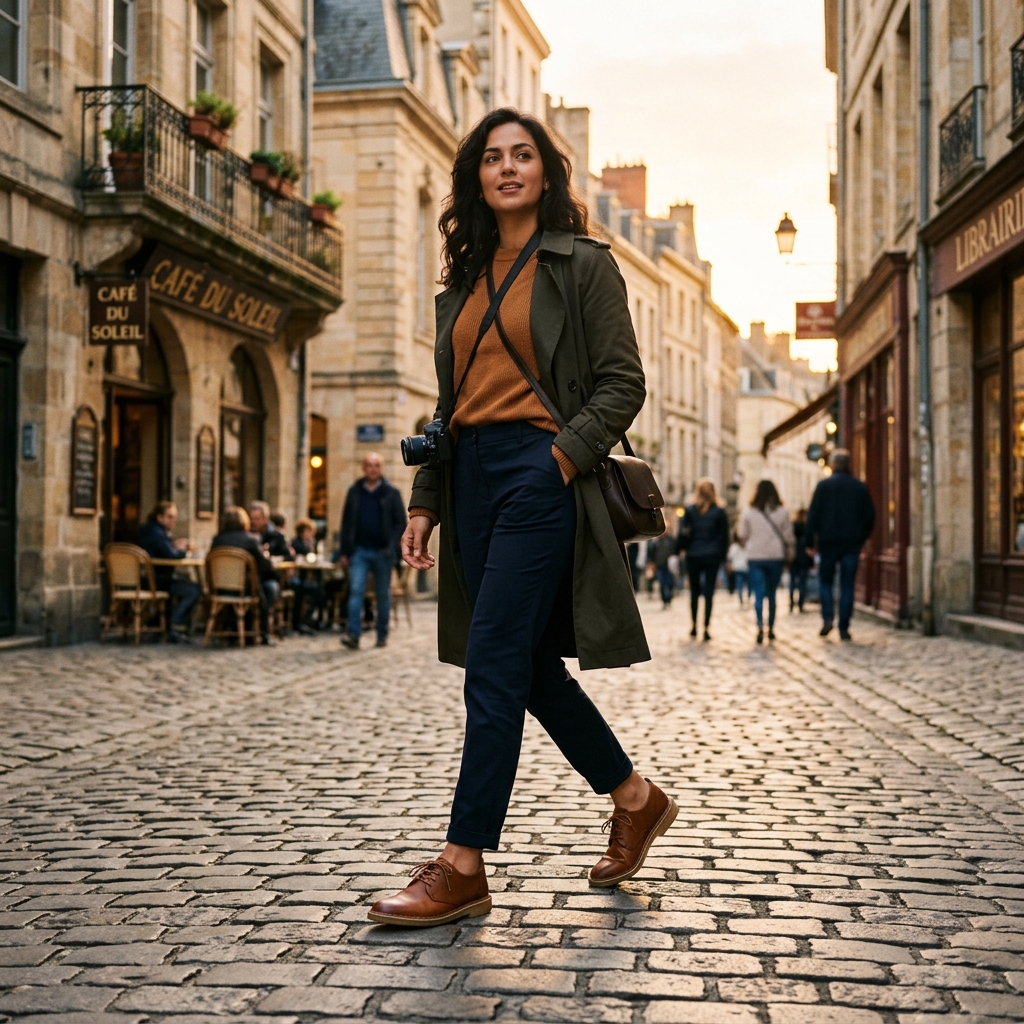 Person wearing Clarks leather shoes walking on European cobblestone street at golden hour