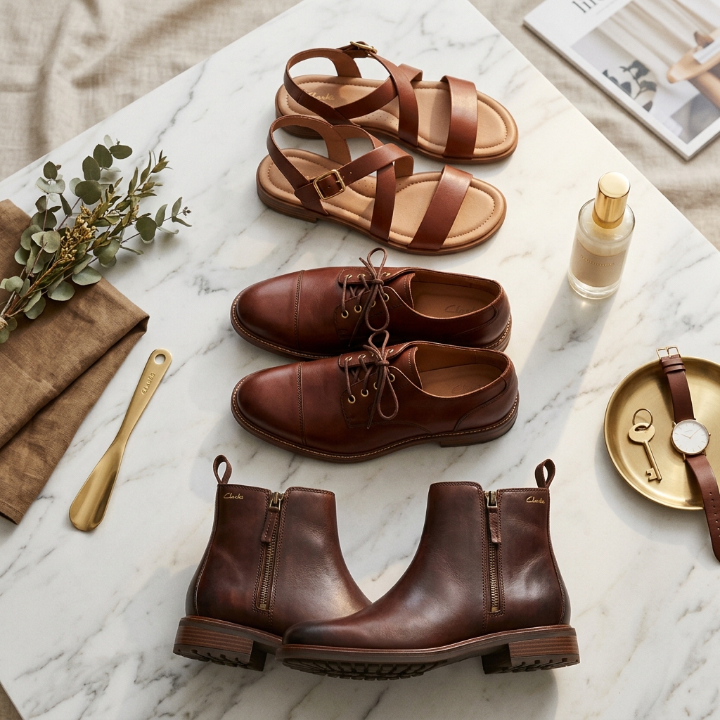 Clarks premium leather shoes collection flat lay on marble surface